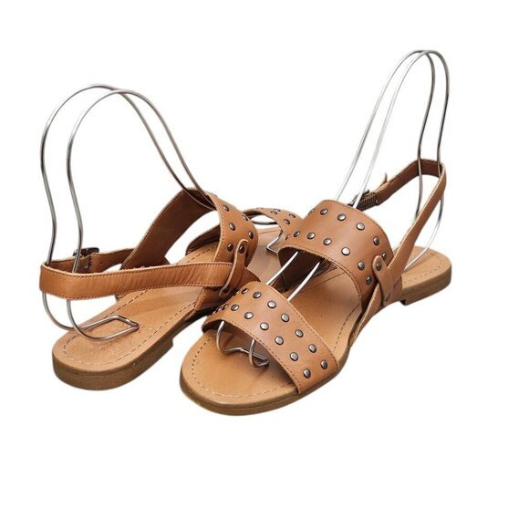 Vince Camuto Rickita Studded Leather Tan Open Toe Sling Back Flat Sandal - Picture 3 of 11